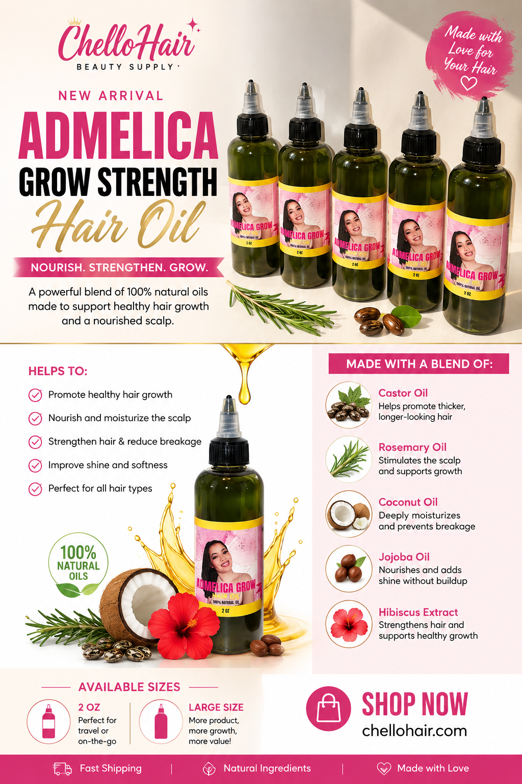 Admelica Grow Strength Hair Oil – Large Bottle